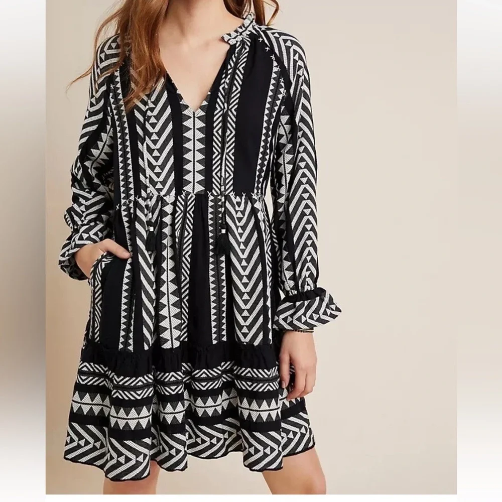 Maeve Monochrome Geometric Long Sleeve Dress - Picture 1 of 16